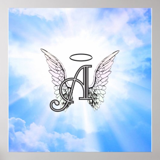 Monogram Initiaal A, Angel Wings & Halo met Clouds Poster (Voorkant)