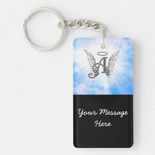 Monogram Initiaal A, Angel Wings & Halo met Clouds Sleutelhanger (Voorkant)