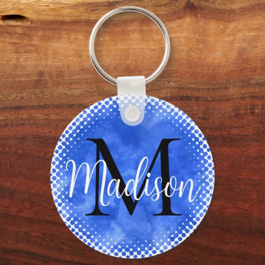 Monogram Initiaal Aangepaste naam Blauwe Waterverf Sleutelhanger (Voorkant)