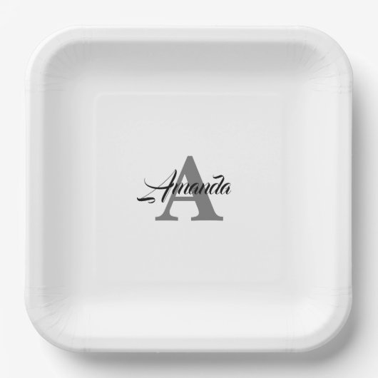 Monogram Initiaal Aangepaste naam Grijs Wit Elegan Papieren Bordje (Voorkant)