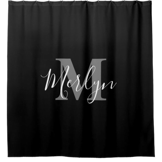 Monogram Initiaal Aangepaste naam Grijze witte zwa Douchegordijn (Voorkant)
