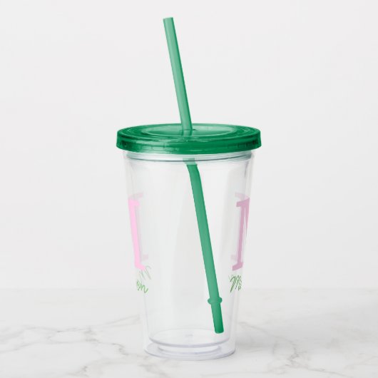 Monogram Initiaal Aangepaste naam Roze Groen Acryl Drinkbeker (Links)