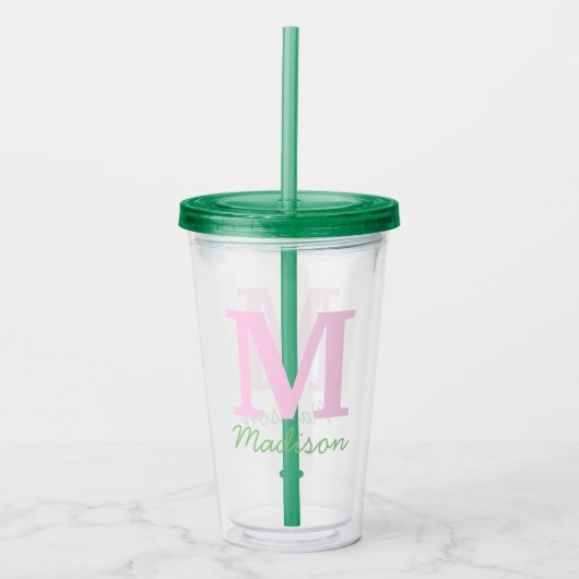 Monogram Initiaal Aangepaste naam Roze Groen Acryl Drinkbeker (Voorkant)