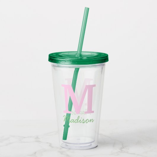 Monogram Initiaal Aangepaste naam Roze Groen Acryl Drinkbeker (Achterkant)
