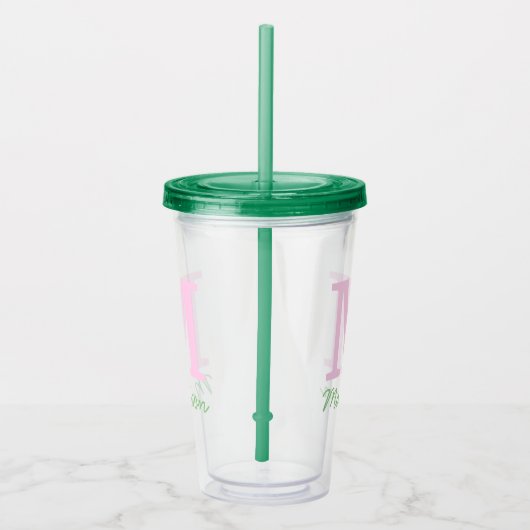 Monogram Initiaal Aangepaste naam Roze Groen Acryl Drinkbeker (Rechts)