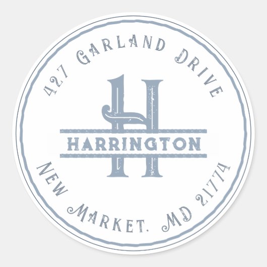 Monogram Initiaal Adres Gepersonaliseerd Grunge Bl Ronde Sticker (Voorkant)