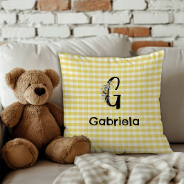 Monogram initiaal aquarel bloem gingham patroon kussen