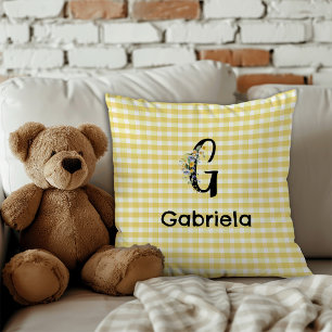 Monogram initiaal aquarel bloem gingham patroon kussen