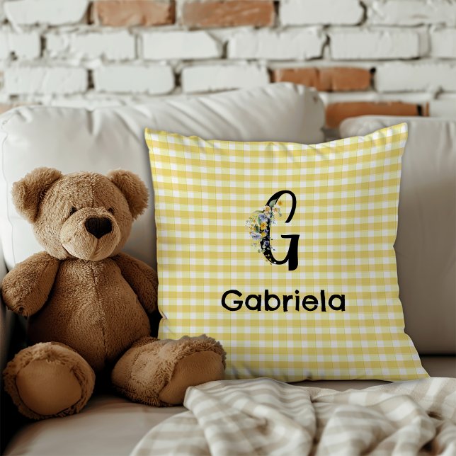Monogram initiaal aquarel bloem gingham patroon kussen (Creator heeft geüpload)