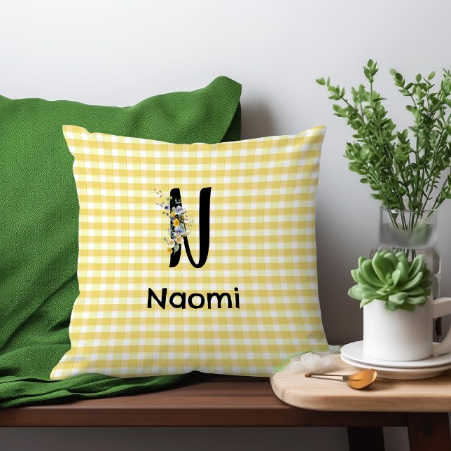 Monogram initiaal aquarel bloem gingham patroon kussen (Creator heeft geüpload)