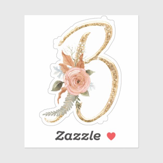 Monogram Initiaal B Goud Glitter Pioen Roos Bloeme Sticker (Vel)