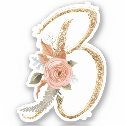 Monogram Initiaal B Goud Glitter Pioen Roos Bloeme Sticker (Voorkant)
