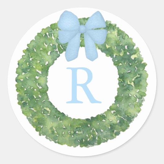 Monogram Initiaal binnen boxhouten krans met boog Ronde Sticker (Voorkant)