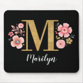 Monogram Initiaal Black Floral Muismat (Voorkant)