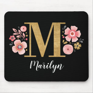 Monogram Initiaal Black Floral Muismat