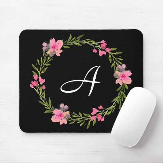Monogram Initiaal Black Floral Muismat (Met muis)