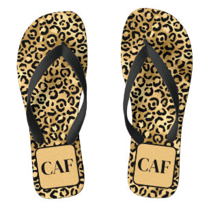 Monogram Initiaal Black Gold Leopard Cheetah Print Teenslippers