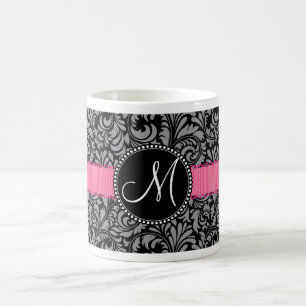 Monogram Initiaal Black Grey Damask Floral Pattern Koffiemok