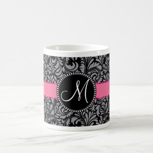 Monogram Initiaal Black Grey Damask Floral Pattern Koffiemok (Center)