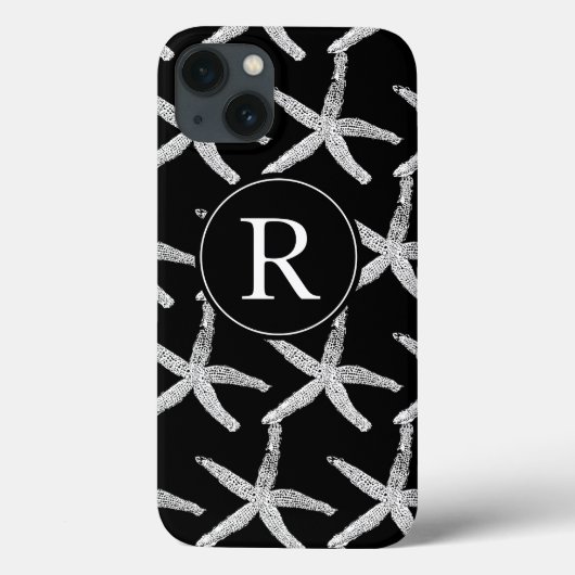 Monogram Initiaal Black White Starfish Pattern Cut Case-Mate iPhone Case (Achterkant)