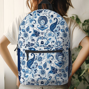 Monogram Initiaal Blauw en Wit Paisley  Bedrukte Rugzak