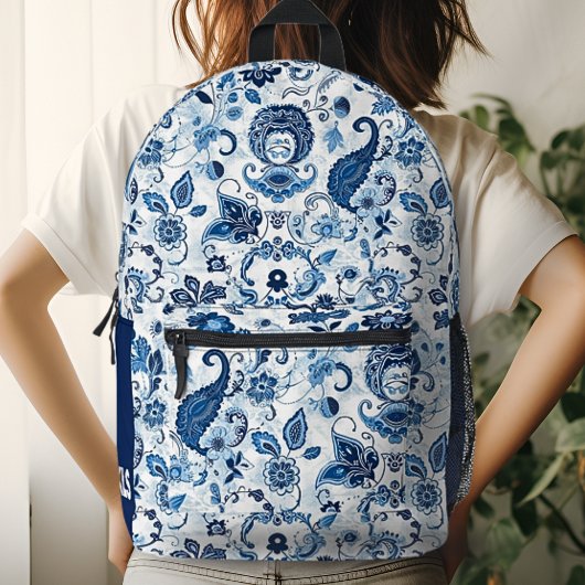 Monogram Initiaal Blauw en Wit Paisley Bedrukte Rugzak