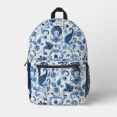 Monogram Initiaal Blauw en Wit Paisley Bedrukte Rugzak (Voorkant)