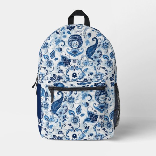 Monogram Initiaal Blauw en Wit Paisley Bedrukte Rugzak (Voorkant)