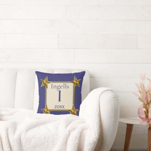 Monogram Initiaal Blauw Goud Sterren Letter I Aand Kussen (Bank)