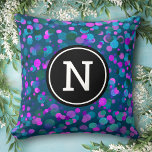 Monogram initiaal blauw paarse confetti stippen op kussen<br><div class="desc">Sparkly turquoise blauw, paarse, roze, en groene zeemeermin getinte confetti stippen op een donkere blauwgroen achtergrond sieren dit chique, moderne gooi kussen. Pas dit elegante kussentje aan met je monogram initiaal. Maakt een leuke en stijlvolle verklaring elke keer dat je er mee ontspannen. Ook een geweldig cadeau voor een speciale...</div>