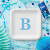 Monogram Initiaal Blauw Wit Baby shower Aangepast Papieren Bordje (Feest)