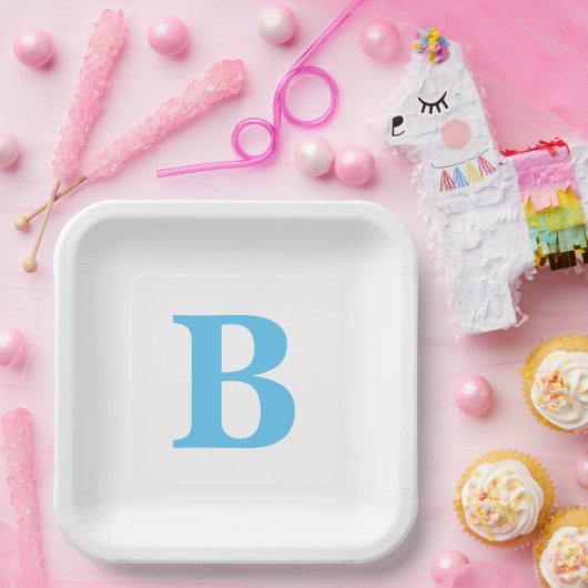 Monogram Initiaal Blauw Wit Baby shower Aangepast Papieren Bordje (Feest)