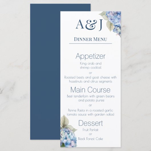 Monogram Initiaal Blauwe Hydrangea Bloemen Menu (Voorkant / Achterkant)