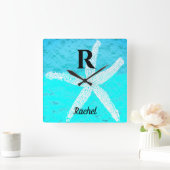 Monogram Initiaal Blauwgroen Turquoise Pastel Star Vierkante Klok (Huis)