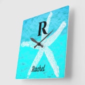 Monogram Initiaal Blauwgroen Turquoise Pastel Star Vierkante Klok (Hoek)