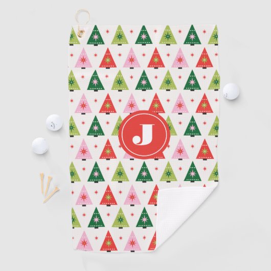 Monogram Initiaal Blij & Modern Retro Kerstboom Golfhanddoek (Insitu)
