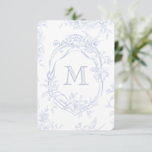 Monogram Initiaal Bloemen Blauw Toile Bruid Bedankkaart (Staand voorkant)