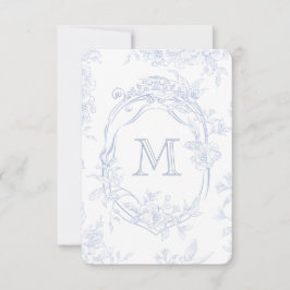 Monogram Initiaal Bloemen Blauw Toile Bruid Bedankkaart