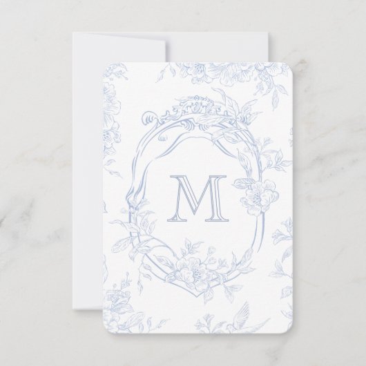 Monogram Initiaal Bloemen Blauw Toile Bruid Bedankkaart (Voorkant)