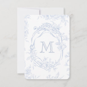 Monogram Initiaal Bloemen Blauw Toile Bruid Bedankkaart