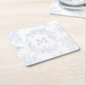 Monogram Initiaal Bloemen Blauw Toile Bruid Kartonnen Onderzetters (Schuin)