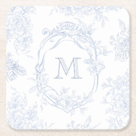 Monogram Initiaal Bloemen Blauw Toile Bruid Kartonnen Onderzetters