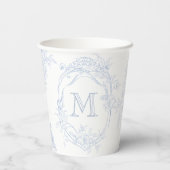 Monogram Initiaal Bloemen Blauw Toile Bruid Papieren Bekers (Achterkant)