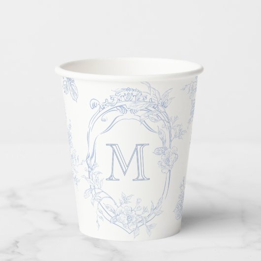 Monogram Initiaal Bloemen Blauw Toile Bruid Papieren Bekers (Voorkant)