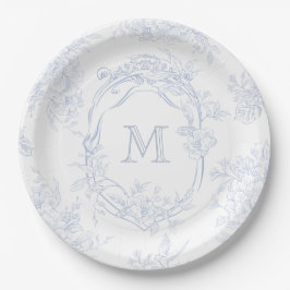 Monogram Initiaal Bloemen Blauw Toile Bruid Papieren Bordje