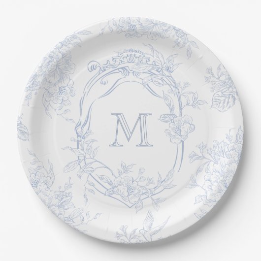 Monogram Initiaal Bloemen Blauw Toile Bruid Papieren Bordje (Voorkant)