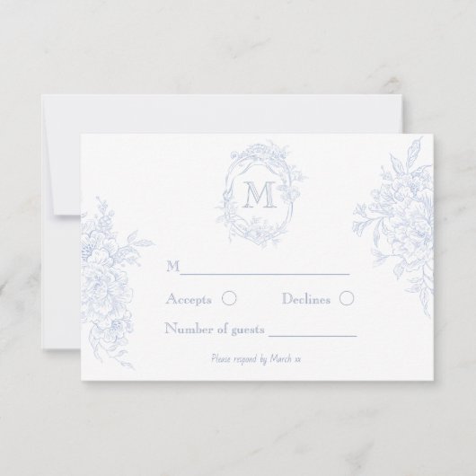 Monogram Initiaal Bloemen Blauw Toile Bruid RSVP Kaartje (Voorkant)