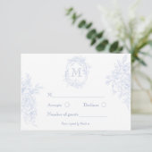 Monogram Initiaal Bloemen Blauw Toile Bruid RSVP Kaartje (Staand voorkant)
