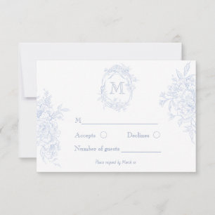 Monogram Initiaal Bloemen Blauw Toile Bruid RSVP Kaartje