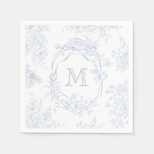 Monogram Initiaal Bloemen Blauw Toile Bruid Servet (Voorkant)